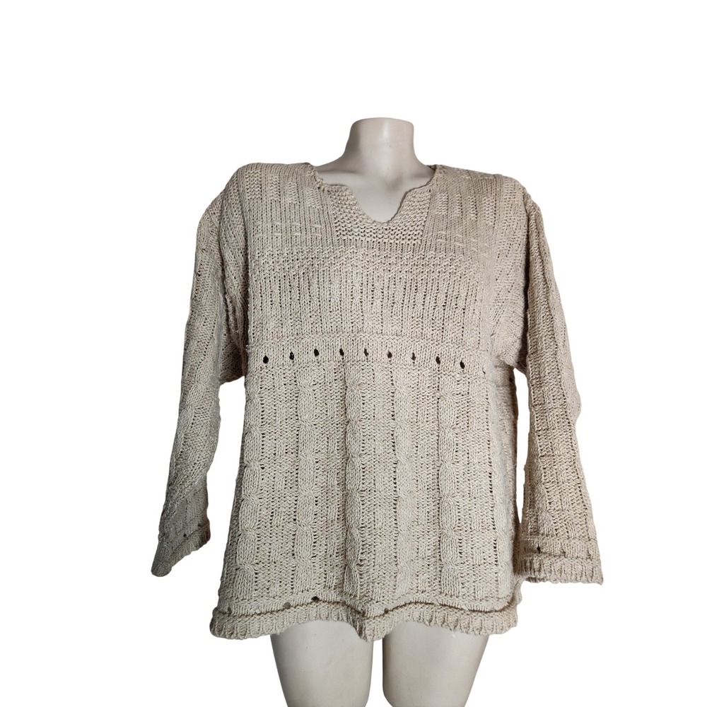 Aran Crafts Ireland Linen blend Cable‎ Knit Sweater Beige V-Neck M luxury Rare